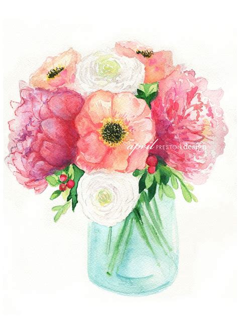 Maybe you would like to learn more about one of these? Peonies in a Blue Mason Jar - Watercolor Print ...