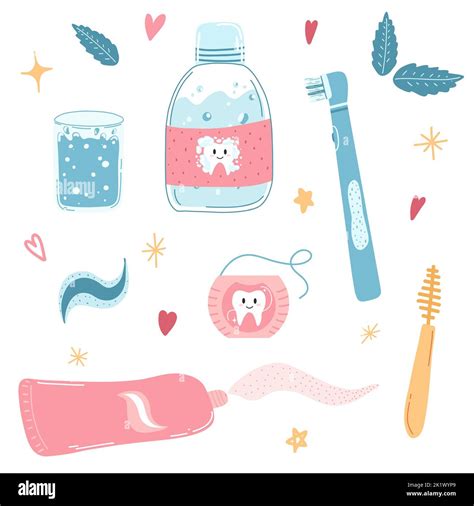 Hand Drawn Dental Care Items In Cartoon Flat Style Vector Illustration