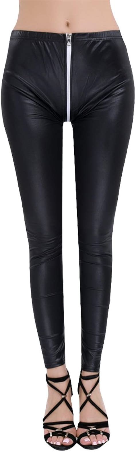 iefiel women two way zipper open crotch stretchy faux leather leggings skinny pants at amazon