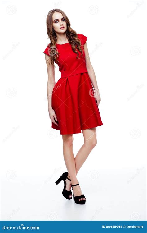 Young Beautiful Fashion Model Wearing Red Dress Stock Photo Image Of