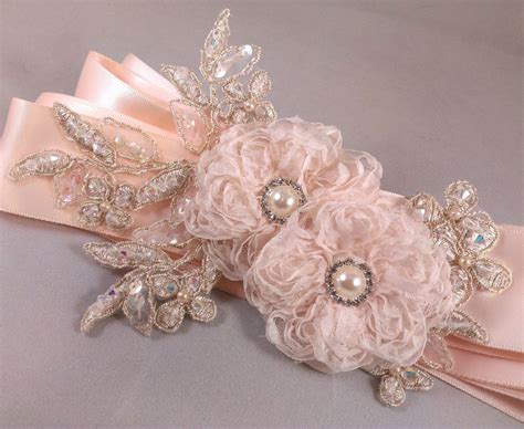 Champagne Blush And Gold Bridal Sash Belt With Fabric Flowers Etsy