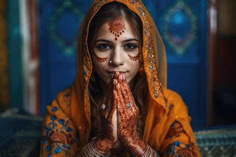 Premium Ai Image Portrait Of A Woman With Henna On Her Hands Created With Generative Ai