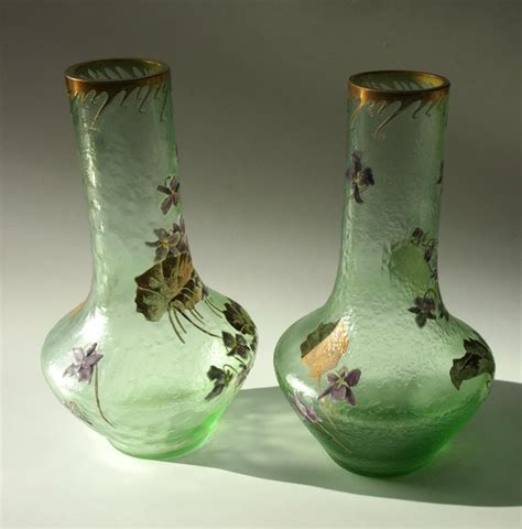 French Art Nouveau Legras Pair Of Acid Cut Back Violets Glass Vases