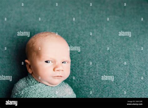 Newborn Baby Boy Wrapped In A Knitted Turquoise Blanket Looking Into