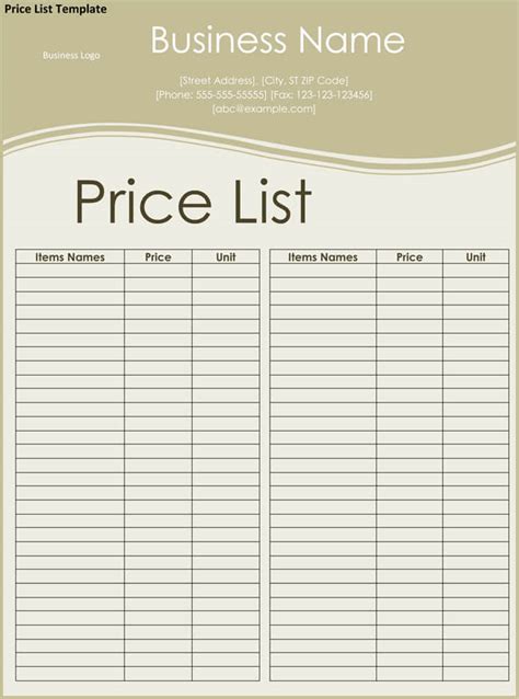 Price List Template Excel