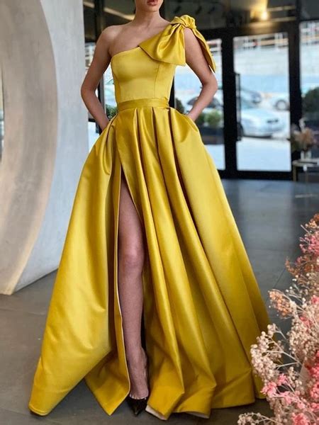 One Shoulder Satin Yellow High Slit Prom Dresses One Shoulder Formal Morievent
