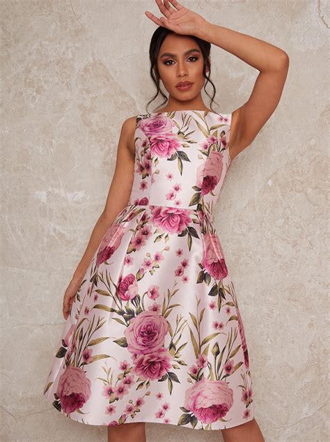 Sleeveless Floral Box Pleated Midi Dress In Pink Chi Chi London