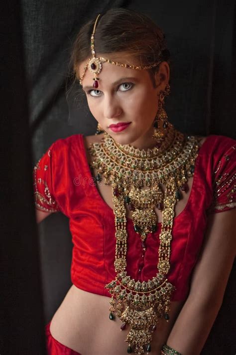 Beautiful Caucasian Woman Dressed In Indian Bridal Sari Along With Specific Jewelry Mangalsutra