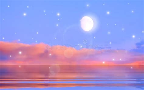 Moon And Stars At Sea Pink Reflection Lilac Sunset Reflection On Sea
