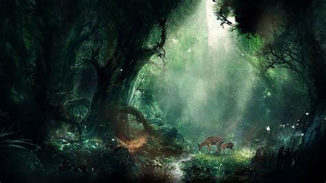 1920x1080 1920x1080 Artwork Fantasy Art Forest Trees Animals Bambi