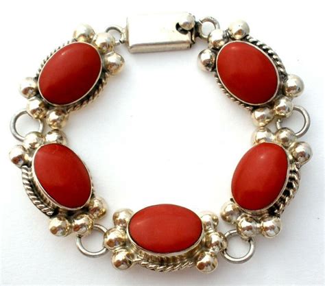 Vintage Coral Bracelet Sterling Silver Large Red Gemstones Mexican