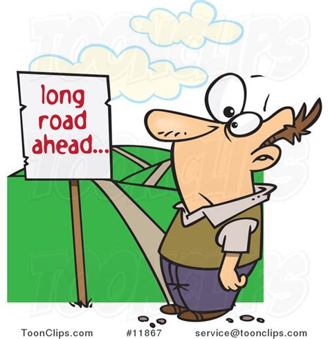 Cartoon Guy Facing A Long Road Ahead Sign And A Hilly Path
