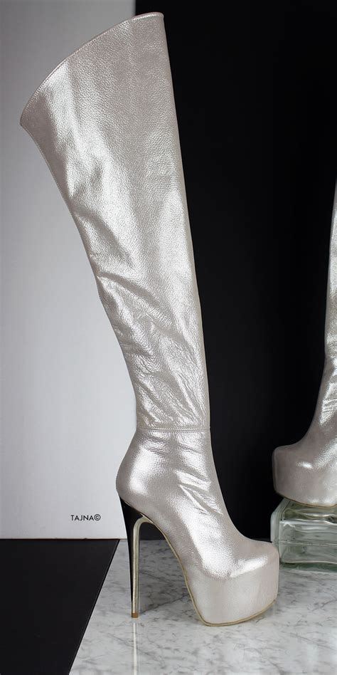 Silver Genuine Leather Over The Knee Boots Tajna Club