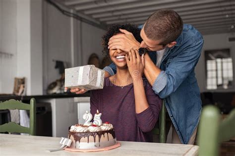 Man Surprising Girl On Birthday Stock Photo Image Of Enjoy American