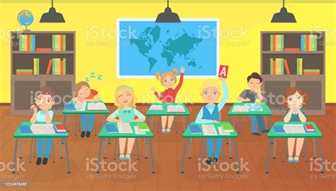 Schulkinder Lernen Im Klassenzimmer Kleine Schüler Sitzen An