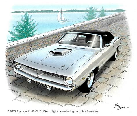 1970 Hemi Cuda Plymouth Muscle Car Sketch Rendering Painting By John