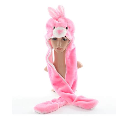 Doubchow Cute Plush Animal Pink Rabbit Bunny Hats With Paws Gloves For