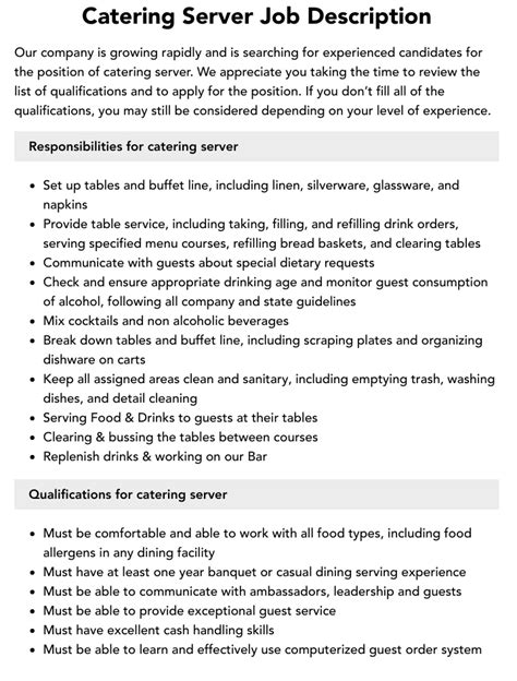 Catering Server Job Description Velvet Jobs