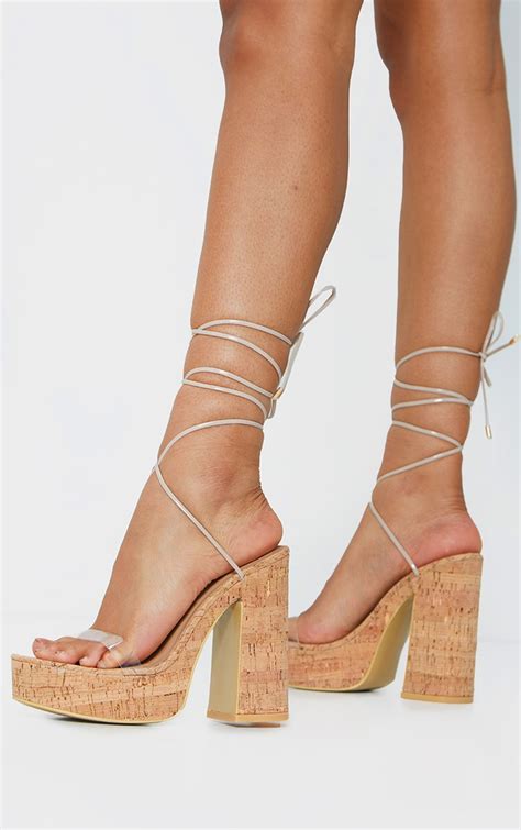 Nude Cork Lace Up Platform Heels Shoes Prettylittlething Usa