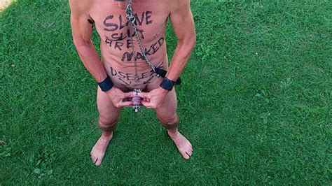 Naked Uncut Unmasked Male Slave Exposed Penis Cage Outdoor Try Masturbate Dildo In Gay Ass