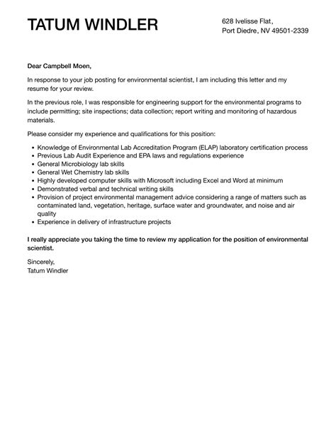 Environmental Scientist Cover Letter | Velvet Jobs