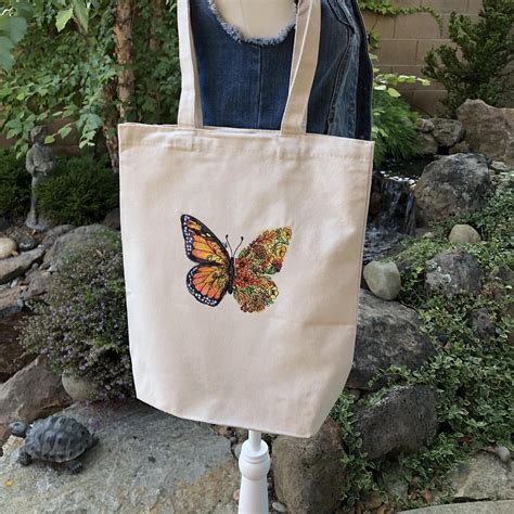 Eco friendly Canvas Tote Bag with Embroidery - Butterfly Blooms | Tote