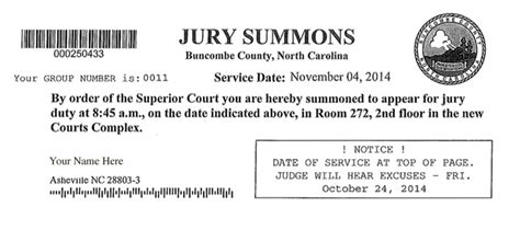 The honorable first, last name judge of circuit, district or other court name address of judge. Jury Duty in Buncombe County, NC; 10 THINGS YOU WANT TO KNOW