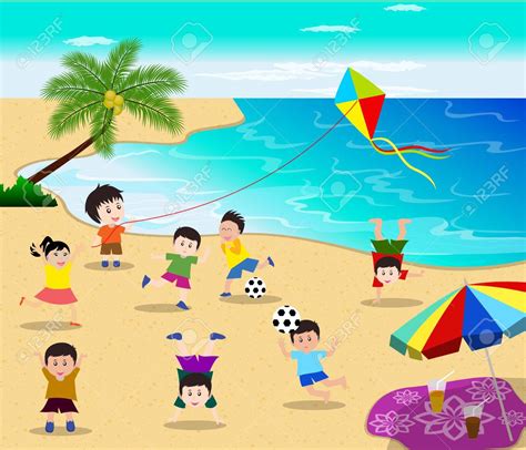 Happy Kids Having Fun On The Beach Royalty Free Cliparts Vectors And