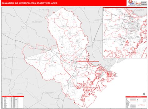 Savannah Ga Metro Area Zip Code Wall Map Red Line Style By Marketmaps