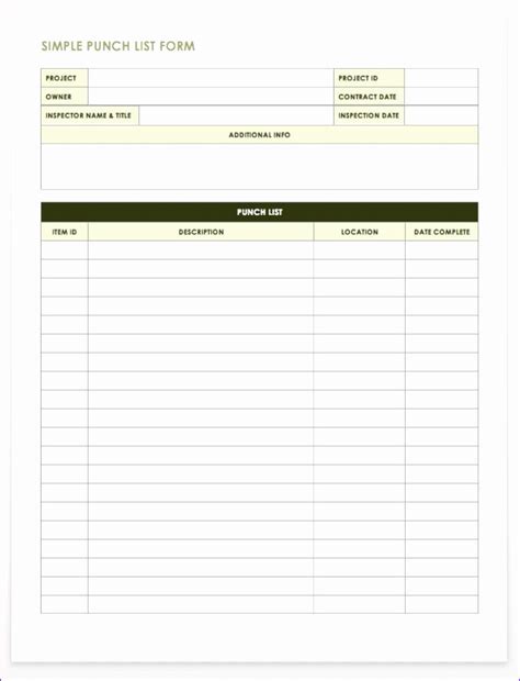 Excel Printable Punch List Template Printable Templates