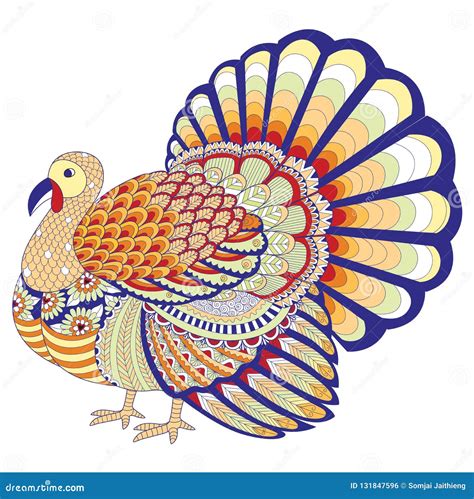 colored zentangle style of thanksgiving turkey isolated on white background for design element