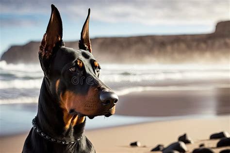 Doberman Pinscher Sitting On Beach With View Of The Ocean Stock Photo