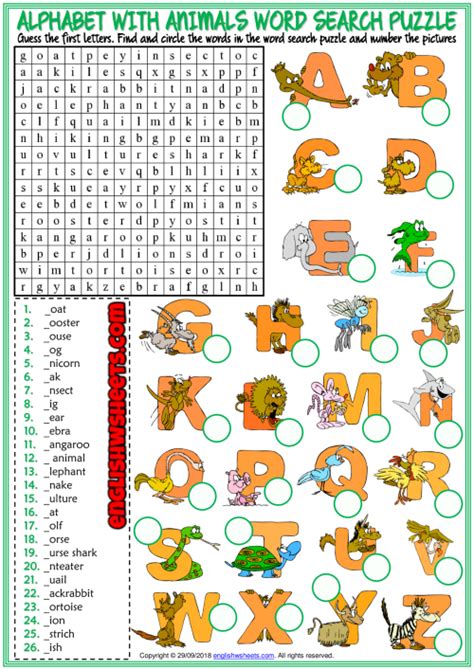 Alphabet With Animals Esl Word Search Puzzle Worksheet