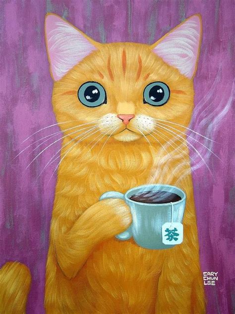 Cat With Cup Of Tea Tee Kunst Illustration Art Illustrations Image