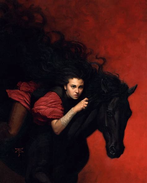 Digital Painting Black Horse Girl Red Dress Long Hair