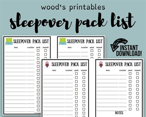 Childrens Sleepover Packing List Pdf Printable Sleepover