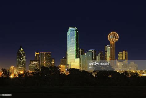 Dallas Texas City Skyline Panorama Cityscape At Night High Res Stock