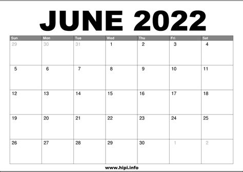 June 2022 Calendar Printable Free