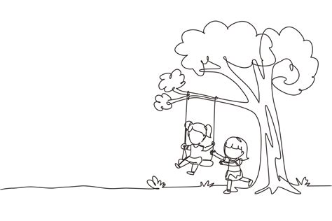 Single One Line Drawing Happy Two Girls Playing On Tree Swing Cheerful