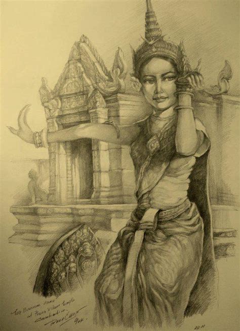 Khmer Girl Apsara Drawing And Temple Cambodian Girl
