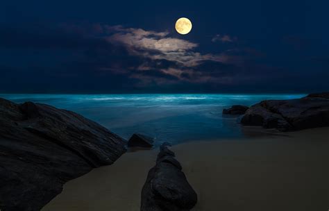 Beach Moon Sea Rocks Night Wallpapers Hd Desktop And Mobile