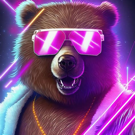 Premium Photo Cool Neon Party Bear In Sunglasses Generative Ai Not