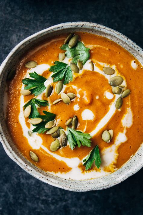 Working in batches, blend the soup in a blender until smooth. Creamy Vegan Pumpkin Soup | Well and Full