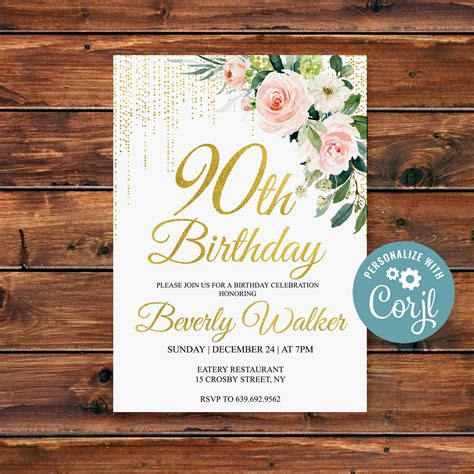 90th Birthday Invitation Floral And Gold Birthday Party Etsy