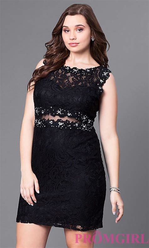 Image Of Short Lace Plus Size Party Dress With Sheer Waist Style Dq