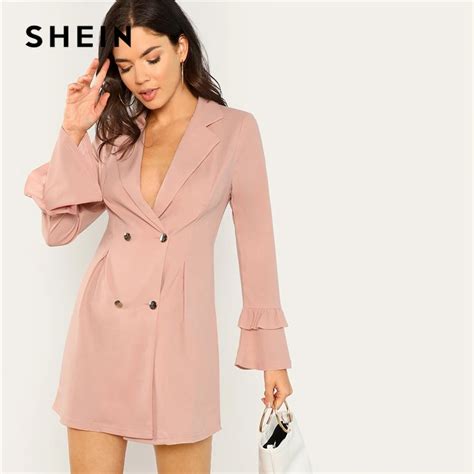 shein pink office lady workwear solid notched plunging neck double breasted surplice wrap dress