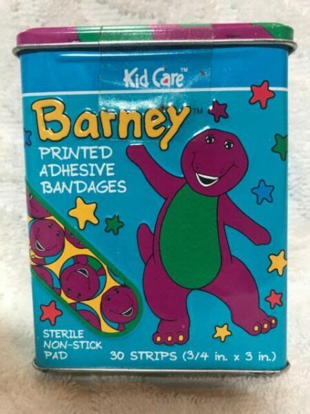 1990s Barney Kid Care Printed Adhesive Bandages In Tin Containers For