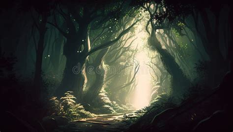 A Mystical Illustration Of Light Streaming Through The Forest A