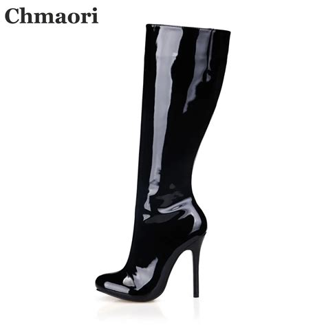Black Patent Leather Women Platform Knee High Boots Sexy Pointy Toe