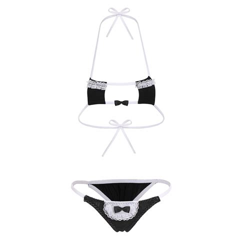 Ibakom Women Micro Bikini Lingerie Set Kawaii Anime Japanese Maid Cosplay Tiny Bra Mini Panty